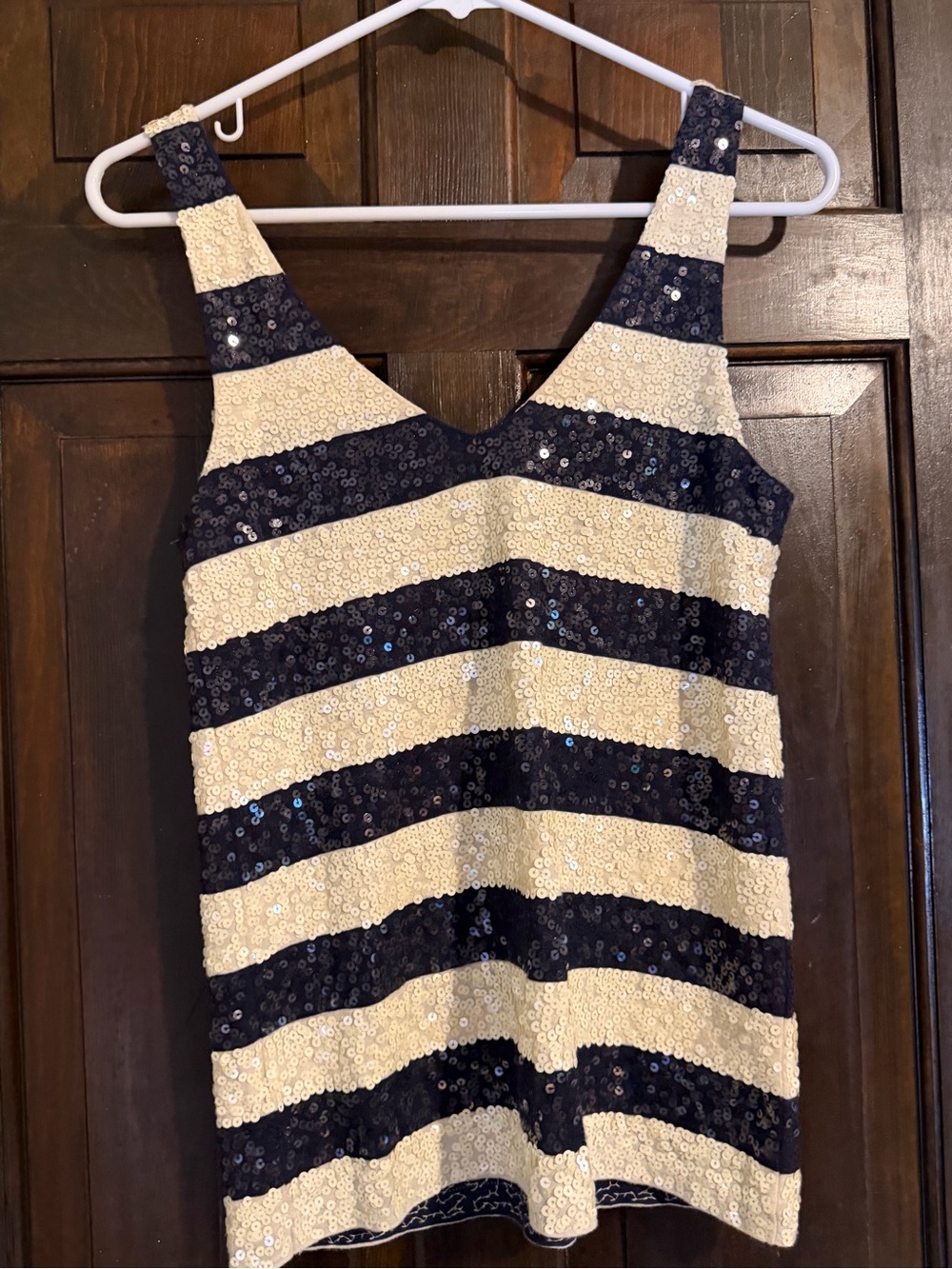 J. Crew Navy and Cream Sequin Striped Party top